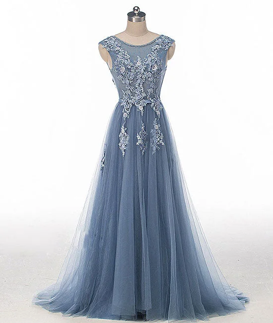 Blue round neck tulle lace applique long prom dress, blue evening dress Tunics Winter warm