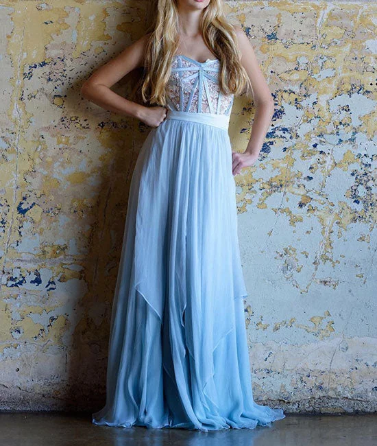 Blue sweetheart neck chiffon lace long prom dress, blue evening dress Tunics Business professional