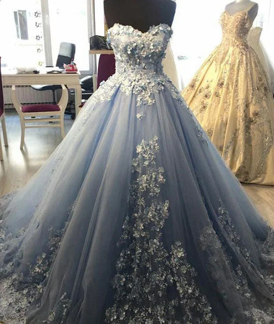 Blue sweetheart neck tulle lace applique long prom dress, blue evening dress Tunics Custom made