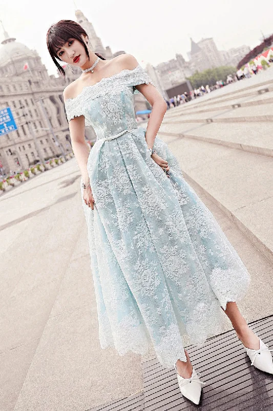 Blue tulle lace tea length prom dress, blue tulle lace evening dress Tunics Trousers formal