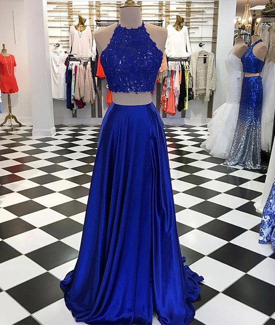 Blue two pieces long prom dress, blue evening dresses Tunics Spring floral