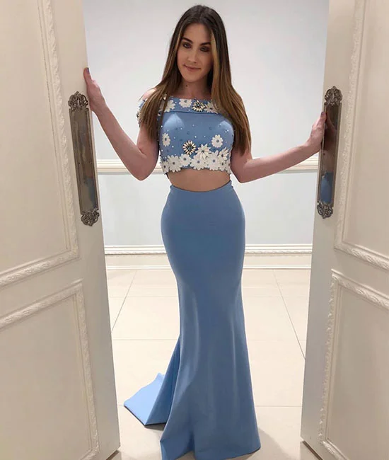 Blue two pieces mermaid long prom dress, blue evening dress Tunics Leisure comfortable