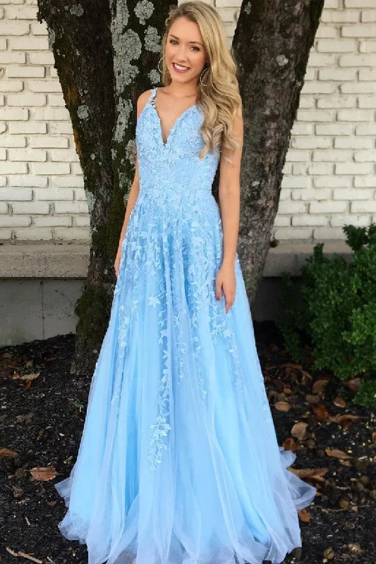 Blue v neck tulle lace long prom dress, blue tulle evening dress A-Line Day Work