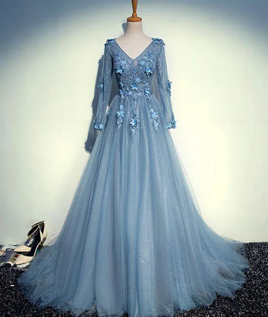 Blue v neck tulle lace long prom dress, tulle evening dress Tunics Luxurious premium