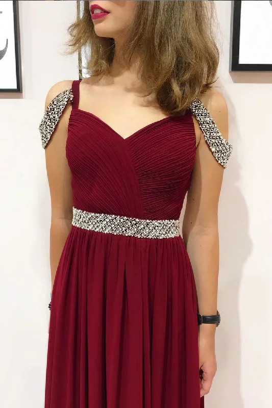 Burgundy chiffon sequin long prom dress, burgundy evening dress Boatneck Modish Everyday