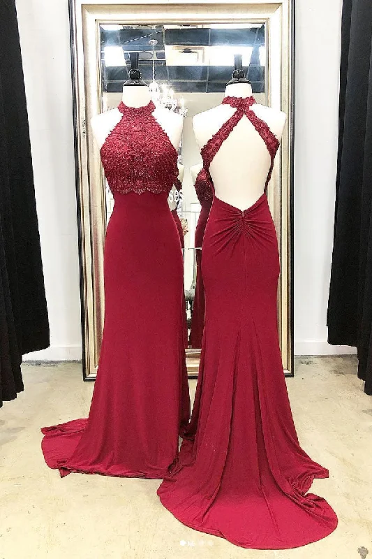 Burgundy high neck lace mermaid long prom dress, lace evening dress Tunics Fall fleece