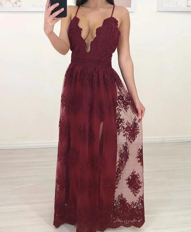 Burgundy lace tulle long prom dress, burgundy evening dress Tunics Versatile functional