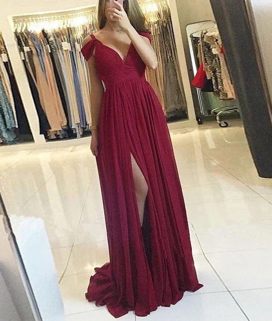 Burgundy off shoulder long prom dress, burgundy evening dress Cowl Neckline Elegant