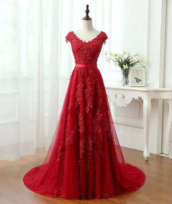 Burgundy tulle lace applique long prom dress, burgundy evening dress Tunics Review highly