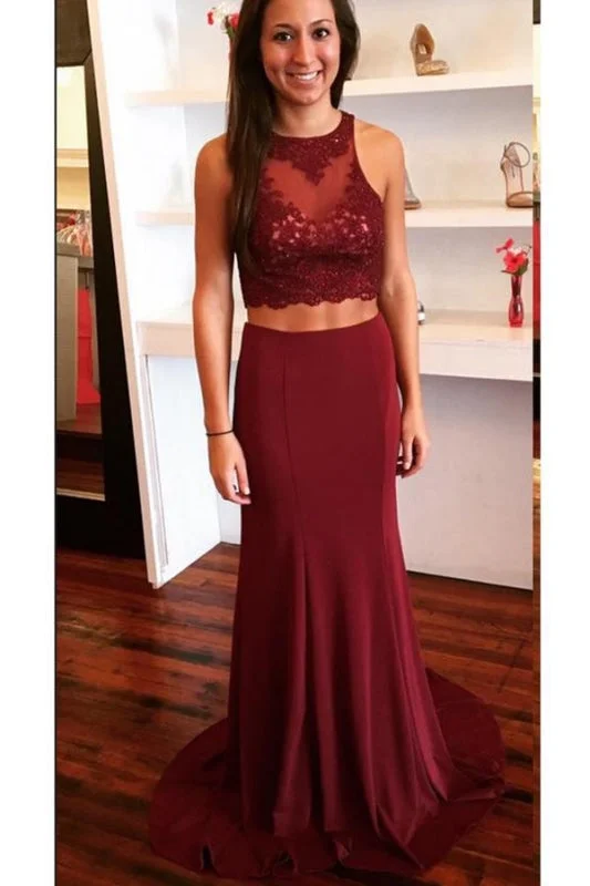 Burgundy Two Piece Open Back Prom with Lace Sweep Train Evening Dress Tunics Top rated