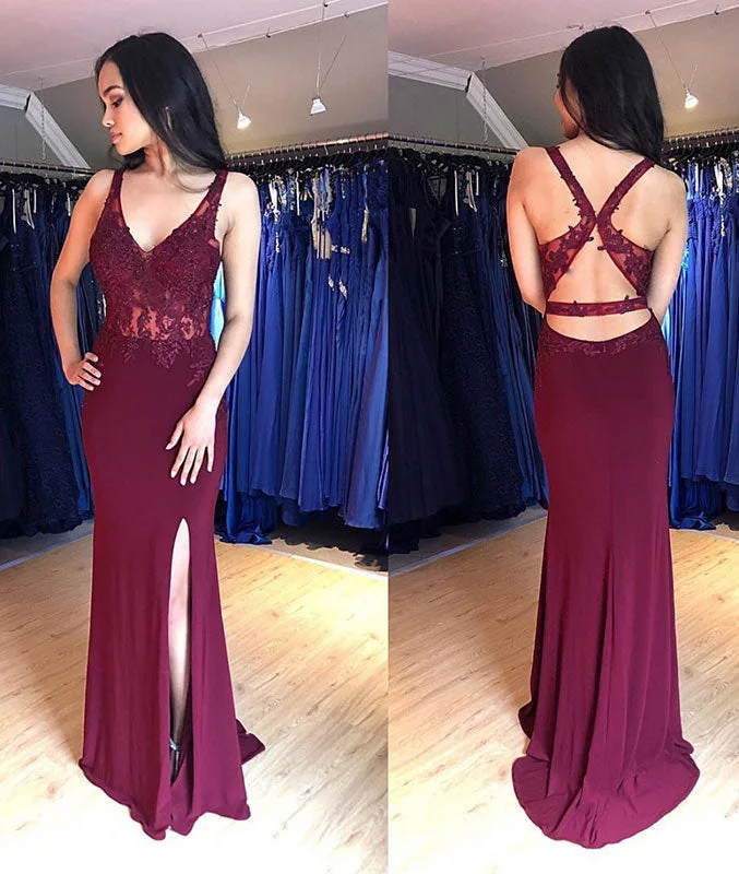 Burgundy v neck chiffon lace mermaid long prom dress, burgundy evening dress Lace Sexy Club