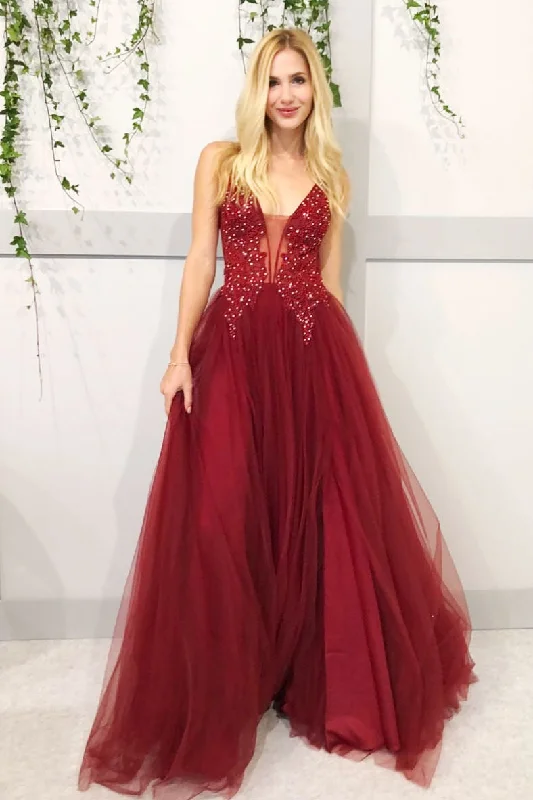 Burgundy v neck lace tulle long prom dress, burgundy evening dress Tunics Distressed trendy