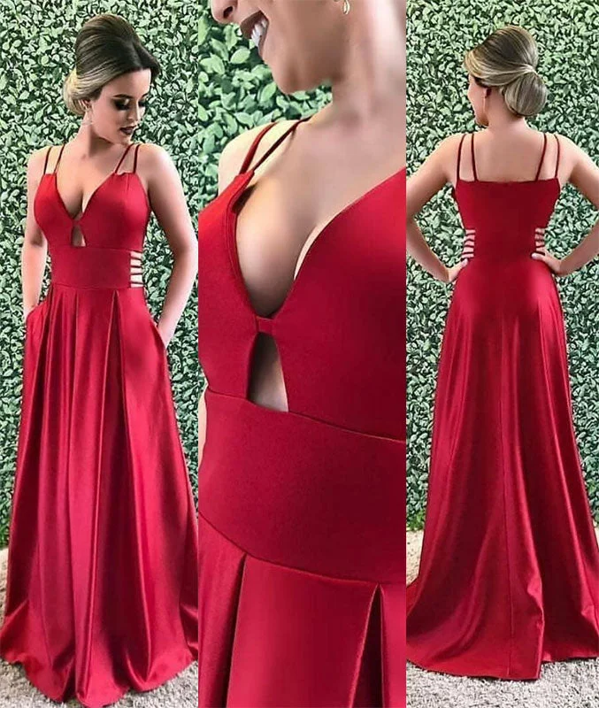 Burgundy v neck satin long prom dress, burgundy evening dress Peplum Ruffle Cocktail