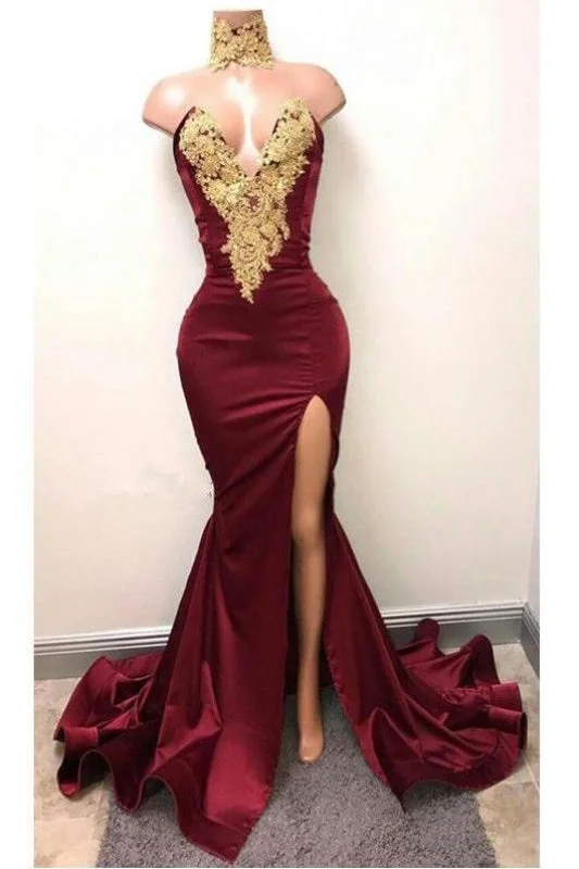 Burgundy V Neck Sleeveless Mermaid Prom with Gold Appliques Long Evening Dress Peplum Ruffle Cocktail