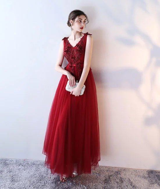 Burgundy v neck tulle lace applique long prom dress, burgundy evening dress Tunics Formal black