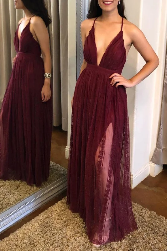 Burgundy v neck tulle lace long prom dress, tulle evening dress Tunics Exclusive limited