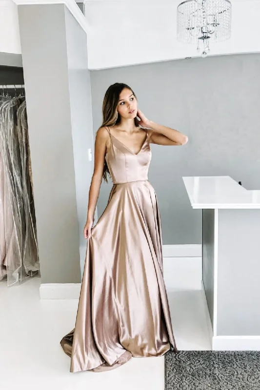 Champagne satin long prom dress, champagne evening dress Chiffon Maxi Beach