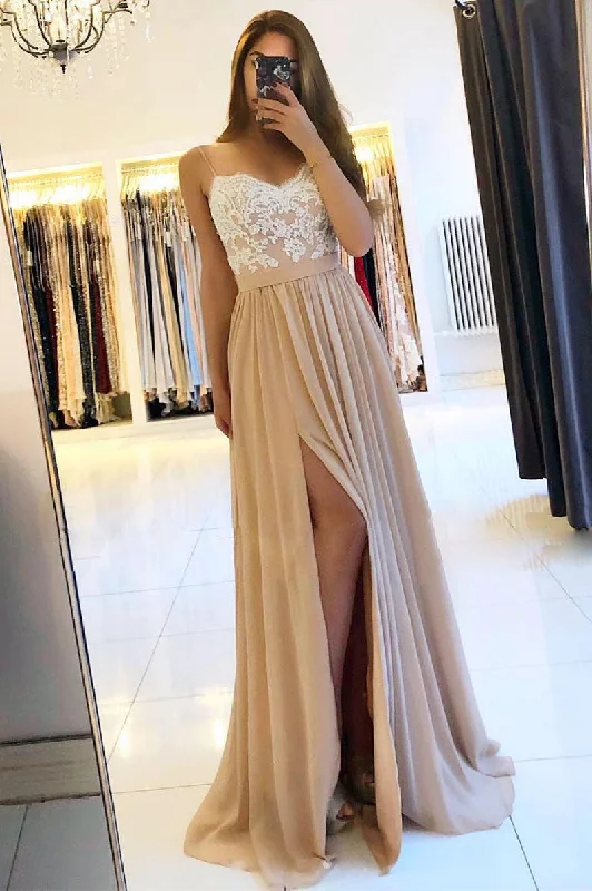 champagne sweetheart lace chiffon long prom dress, evening dress Turtleneck Neckline Stylish