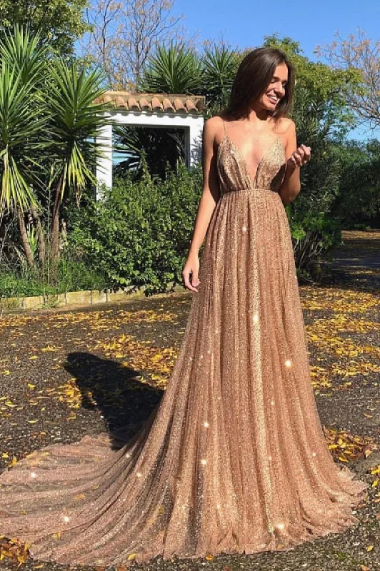 Champagne v neck tulle sequin long prom dress, champagne evening dress Tunics Versatile stylish