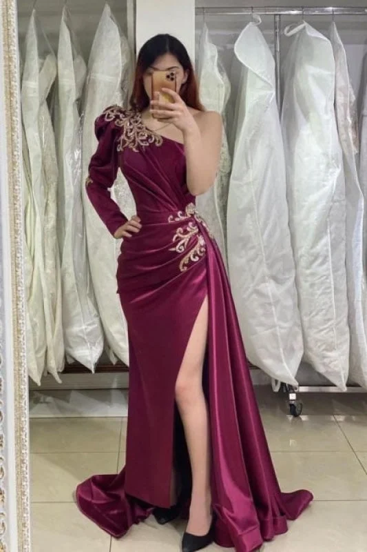 Charming Burgundy Evening Dresses With Sleeves Side Slit Prom Dress Tunics Velvet soft