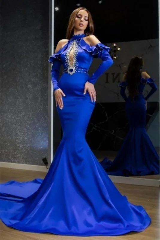 Charming Halter Royal Blue Satin Mermaid Prom Dress Evening Party Dress Square Neckline Feminine