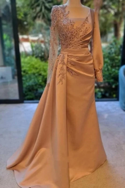 Charming Long Sleeves Prom Dress Satin Evening Party Dress with Side Sweep Train Tunics Chic elegant