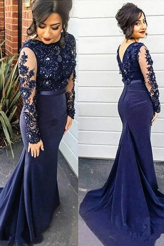 Dark Blue Mermaid Sleeve Lace Appliques Prom Plus Size Long Evening Dress Tunics Trendy modern