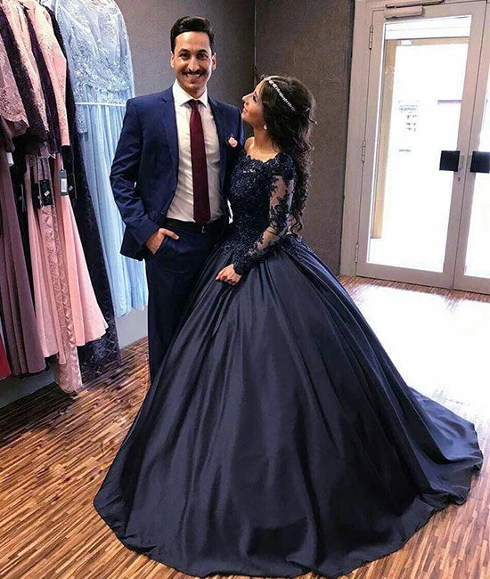 Dark blue round neck lace long prom dress, blue evening dress Tunics Prom sequined