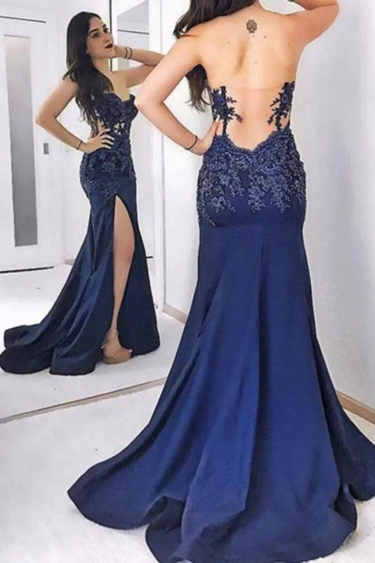 Dark Blue Strapless Long Evening Dress Sexy Sweetheart Appliqued Prom Dresses Tunics New arrival