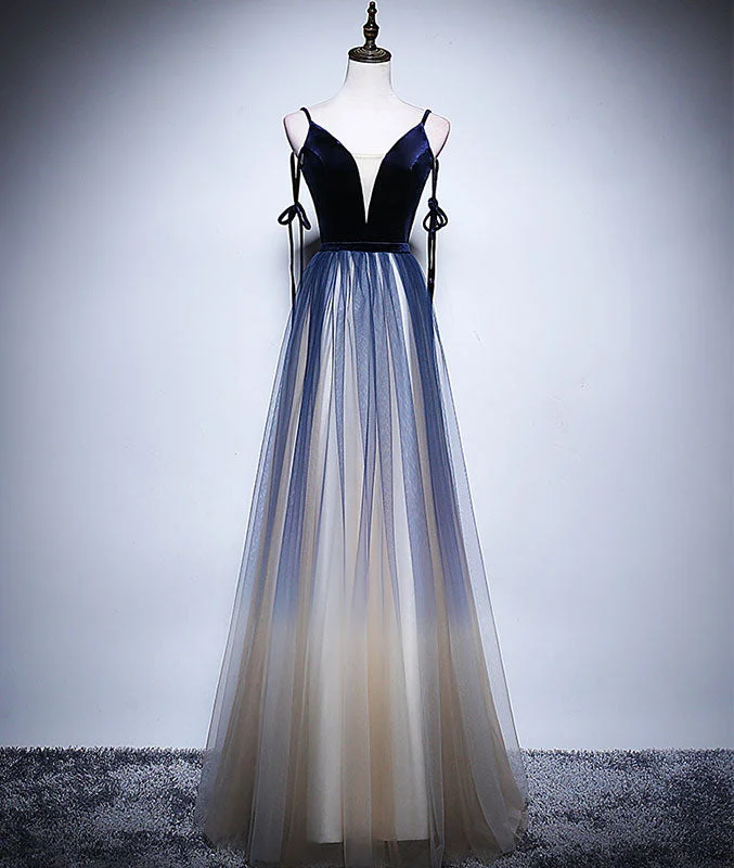 Dark blue tulle long prom dress, blue evening dress Tunics Luxurious high-end