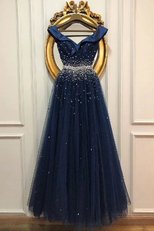 Dark blue tulle sequin long prom dress, tulle evening dress Tunics Bestseller popular