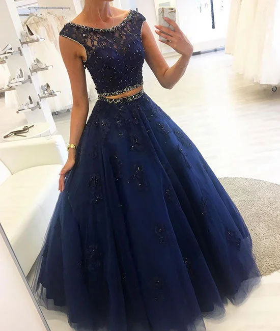 Dark blue two pieces lace long prom dress, blue evening dress Tunics Long Elegant