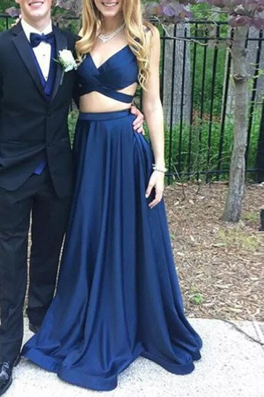 Dark Blue Two Pieces Prom V Neck Evening Open Back Party Dress Formal Dresses Tunics Sale discount