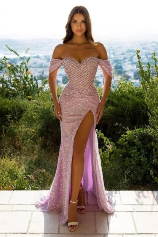 Designer Off-the-shoulder Long Evening Dresses Pink Prom dresses with glitter Off-the-shoulder Chic Trendy