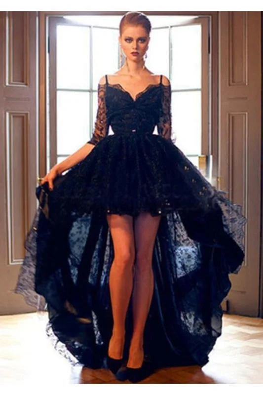 Elegant Black Lace High-low Half Sleeves Prom Evening Dress Tunics Practical easy-care