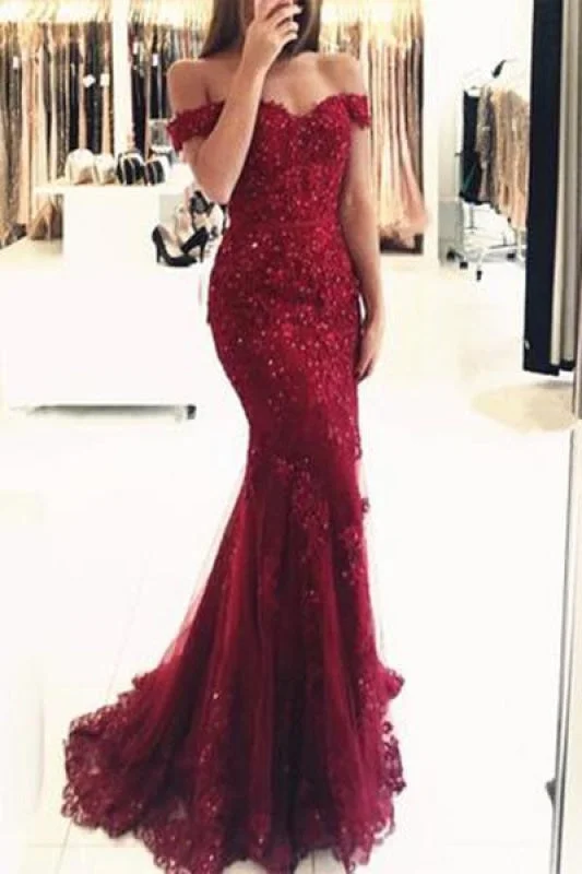 Elegant Burgundy Mermaid Off the Shoulder Beaded Lace Appliques Evening Dresses Tunics Essential wardrobe