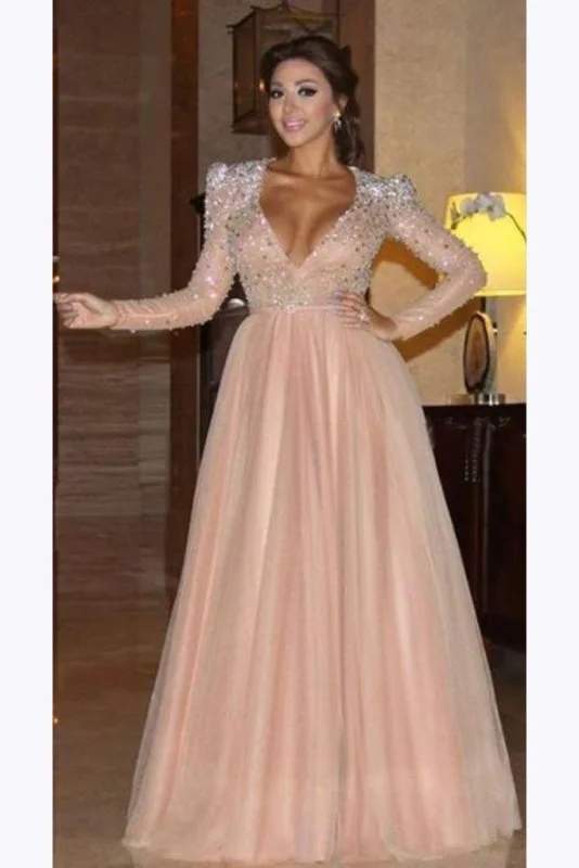 Elegant Long Sleeve Formal Dress with Beads A Line Sparkle V Neck Evening Dresses Tunics Business professional