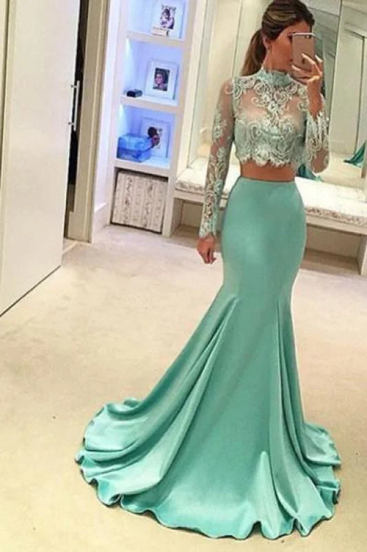 Eye-catching Precious Fascinating Two Pieces High Neck Long Sleeve Lace Prom Dresses Sexy Mermaid Evening Dress Tunics Luxurious premium