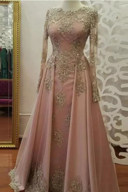 Floor Length Long Sleeves Prom Dress with Gold Appliques Beaded Evening Dresses Tunics Trousers formal