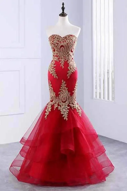 Floor Length Sweetheart Mermaid Red Prom Gold Appliqued Long Evening Dress Tunics Cozy comfortable