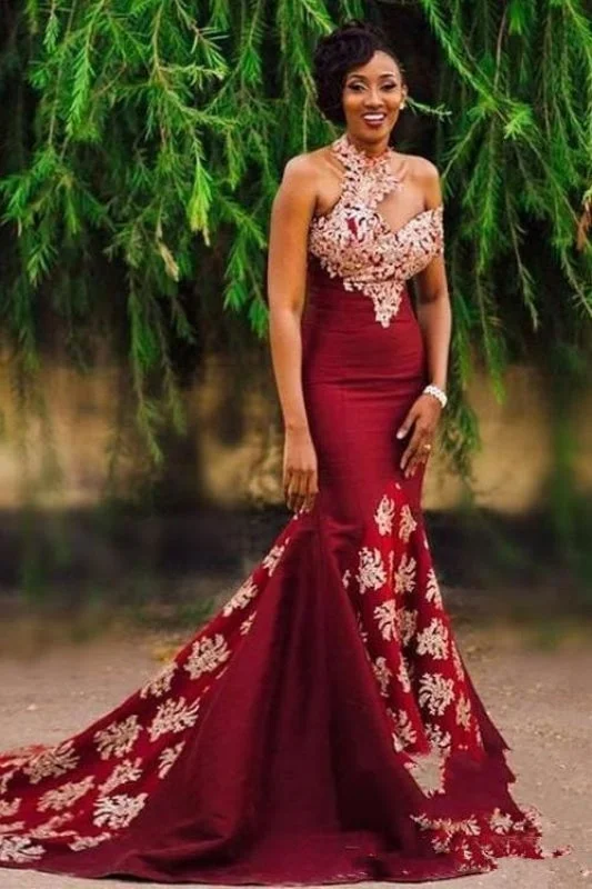 Gorgeous Burgundy Mermaid Prom Dress Long Appliqued Sleeveless Evening Dresses Tunics Chic elegant