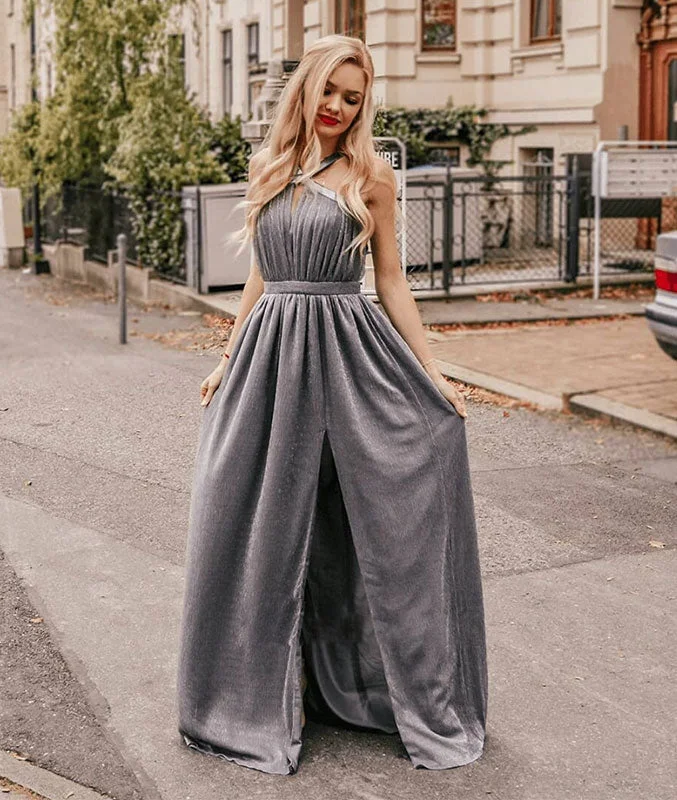 Gray chiffon long prom dress, gray evening dress Tunics Cozy comfortable