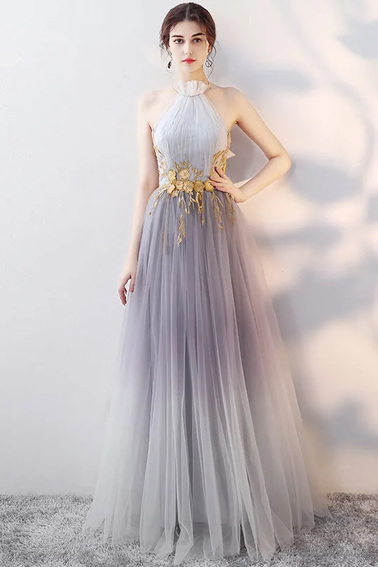 Gray tulle lace long prom dress, gray evening dress Tunics Prom sequined