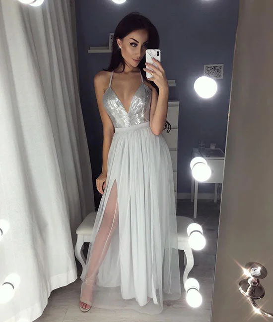 Gray v neck tulle long prom dress, gray evening dress Tunics Exclusive limited