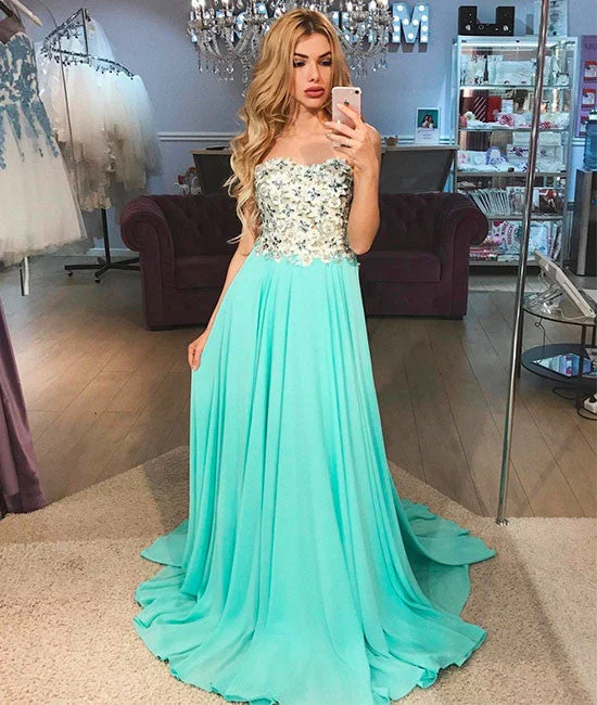 Green A-line chiffon long prom dress, green chiffon evening dress Tunics Practical easy-care