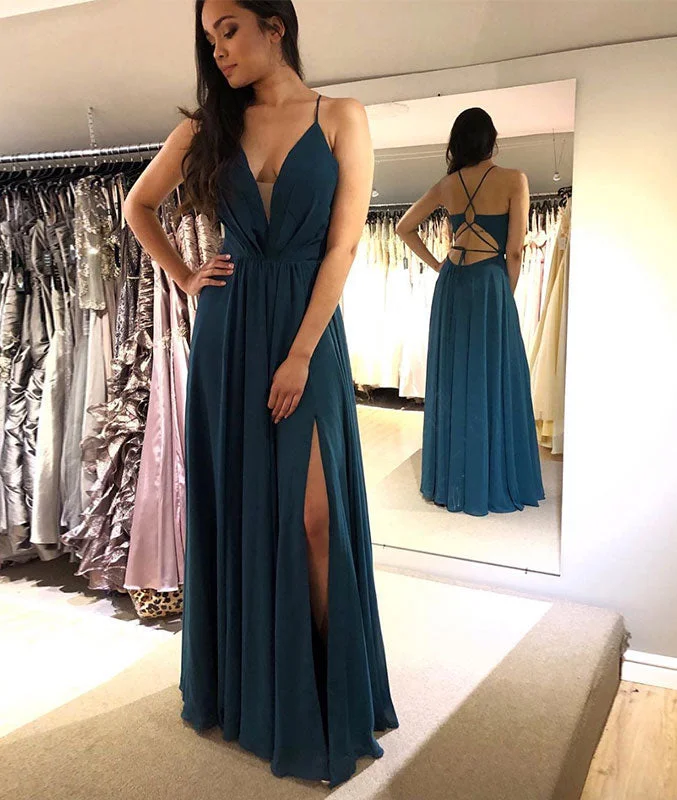 Green v neck chiffon long prom dress, green evening dress Glittery Long Formal