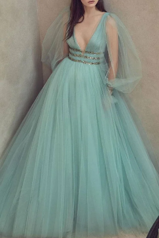 Green v neck tulle long prom dress, green evening dress Crew Neckline Sporty