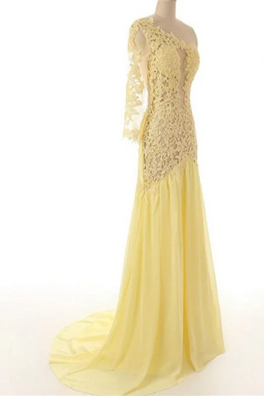 Lace Chiffon Daffodil Long Prom Evening Dresses Crew Neckline Casual