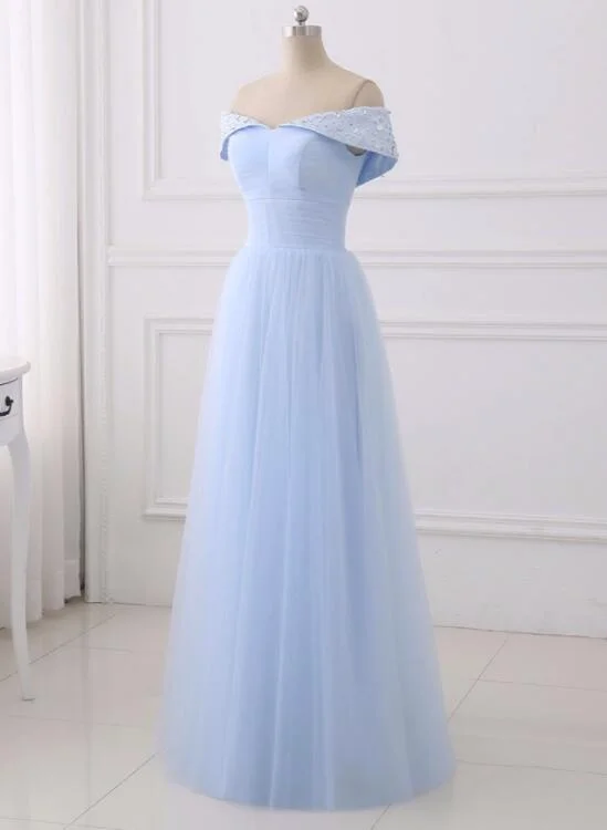 Light Blue Simple Bridesmaid Dresses, Off Shoulder Party Dress, Simple Tulle Junior Prom Dress Off-the-shoulder Bohemian Festive Light Blue Simple Bridesmaid Dresses, Off Shoulder Party Dress, Simple Tulle Junior Prom Dress Off-the-shoulder Bohemian Festive