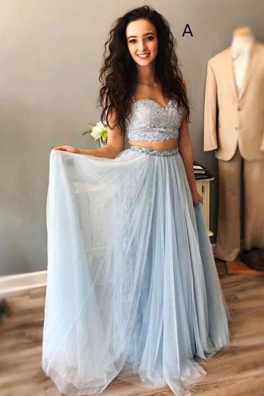 Light Blue Straps Mismatched Lace Tulle Prom Dresses Floor Length Evening Dress with Beads Tunics Favorite customer